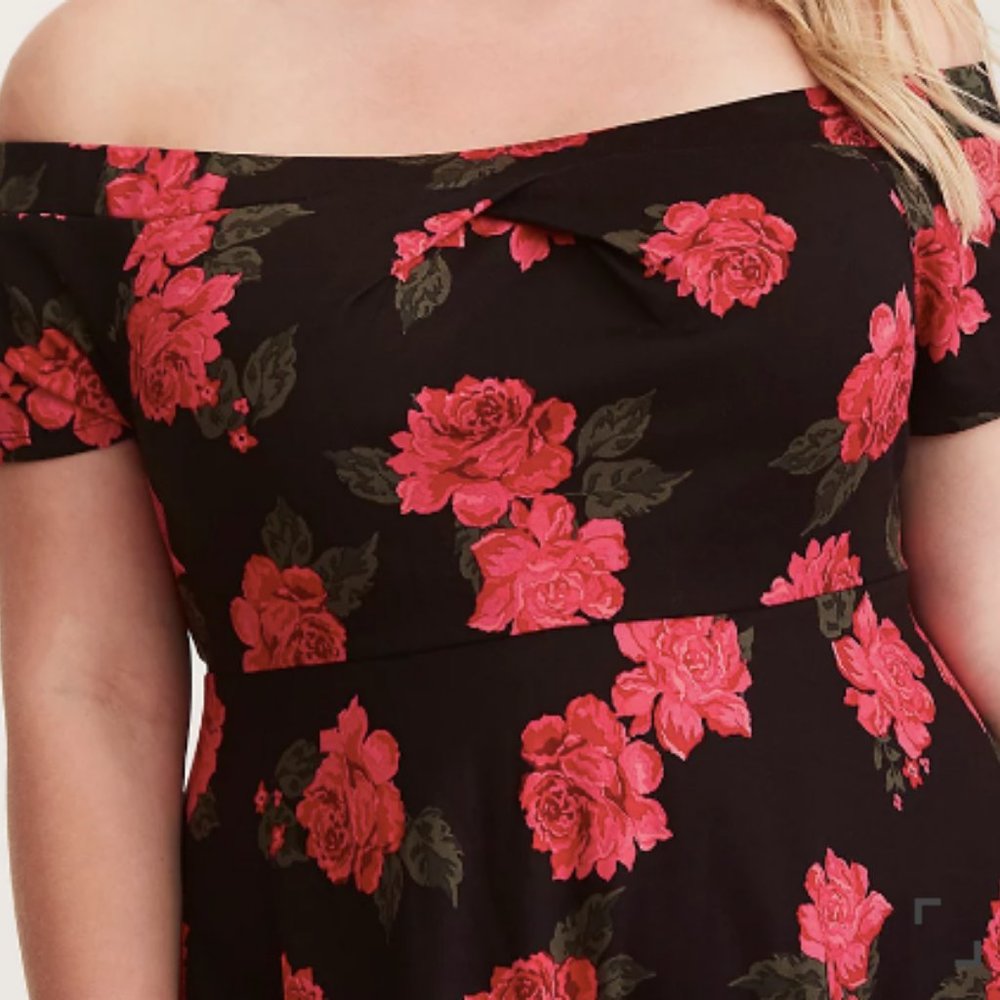 Torrid Black with red rose print skater dress